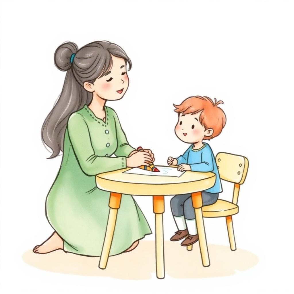 Teacher kneeling beside a young student at a small table