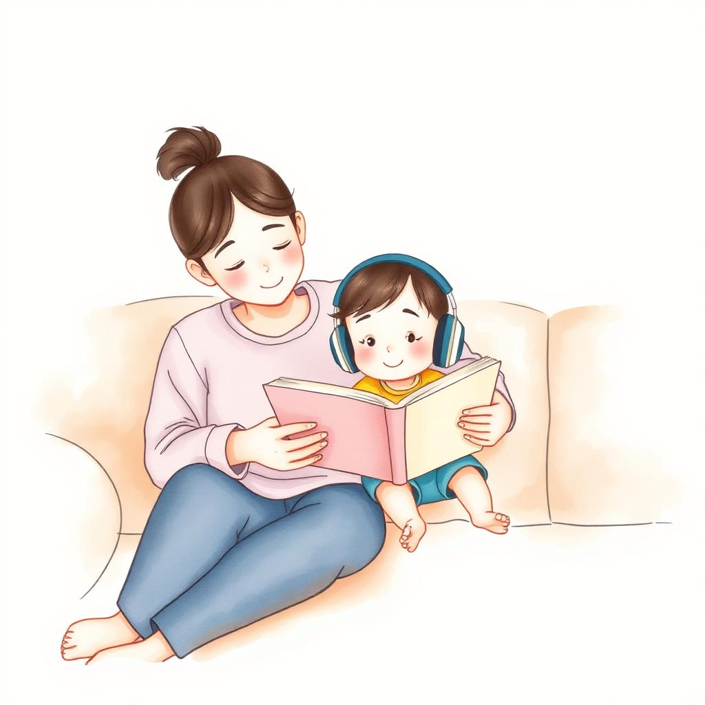 Caregiver and child reading together with headphones