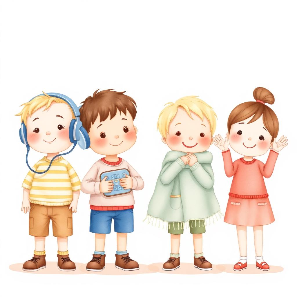 Diverse young children with various supports — headphones, fidget, comfort blanket